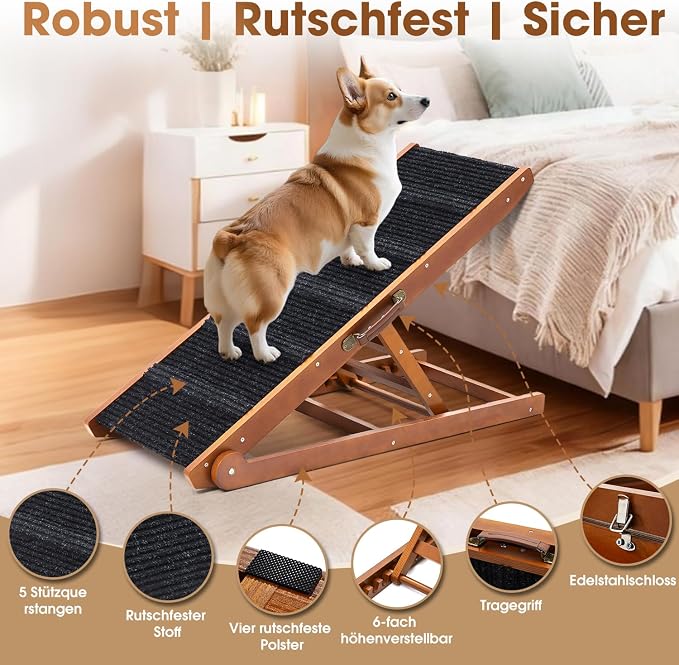Dog Ramp for Bed - Foldable Small to Large Dog Ramp for Couch - 6 Adjustable Height from 12" to 24" - Stairs with High Traction Mat - Wooden Ramp for Dogs to Get on Bed Couch Car Up to 200LBS（Walnut）