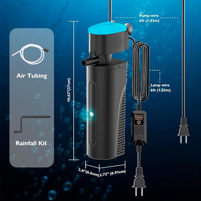 Aquarium Filter with U - V Clarifier for Green Water Cleaning | Fish Tank Filter to Remove Al-gae | Green Killing Machine | Aeration/Rainfall Mode | with Timer | Turtle Tank Filter (20-70Gal)