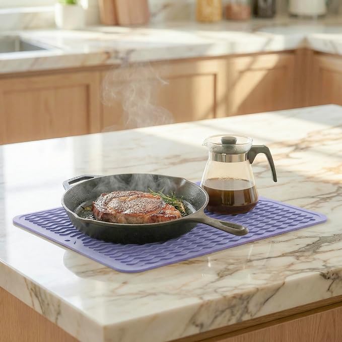 MicoYang Silicone Dish Drying Mat — Quick-Dry Ridges Counter & Sink Pad, Heat-Resistant Trivet to 450°F, Non-Slip & Dishwasher Safe, Roll-Up Storage, 18 Colors & 9 Sizes (Light Purple, 16"×12")