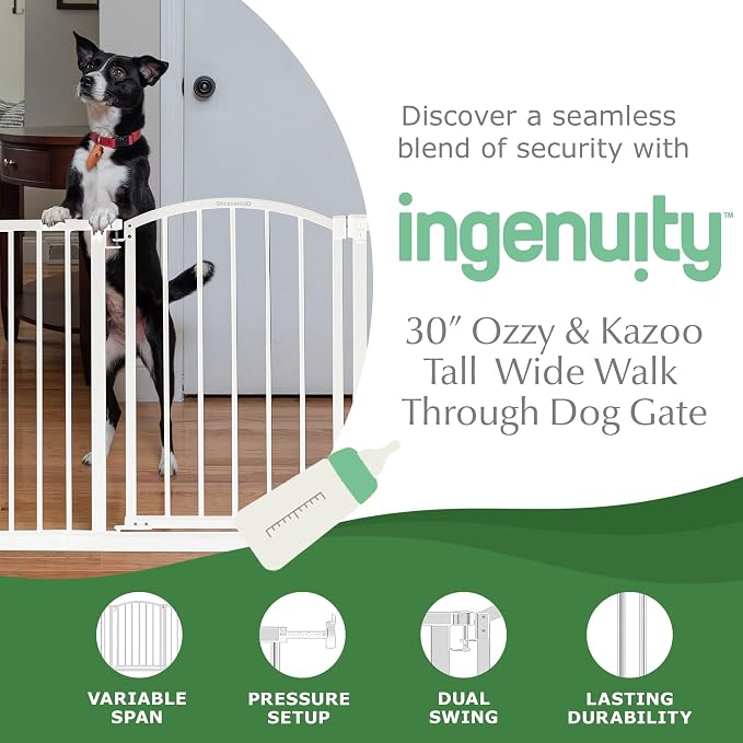 Ozzy & Kazoo Wide Walk-Through Dog Gate, Fits Openings 28.75-39.75” Wide, White Metal Dog Gate, For Doorways and Stairways, 30” Tall