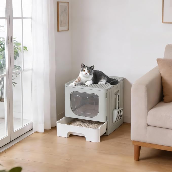 OLIXIS Cat Litter Box with Lid, Large Foldable Cat Box with Scoop, Front Entry Top Exit Kitty Litter Boxs with Door, Easy Cleaning Drawer Design Odor Control, Grey
