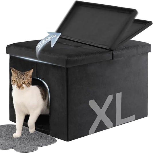 MEEXPAWS Cat Litter Box Enclosure Furniture Hidden Large, Lift Design Lid Velvet Cat Washroom Bench Storage Cabinet |25.6x 17.7 x 17.7 in|Dog Proof|Urine Proof Inside|Quick Assembly| Easy Clean(Black)
