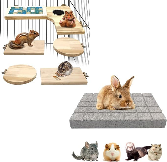 BNOSDM Wooden Hamster Cage Platform Set Wood Chinchilla Ledges and Rabbit Grinding Claw Pads Natural Hamster Lava Stone Teeth Grinding Scratching Pad Chew Toy for Small Animals
