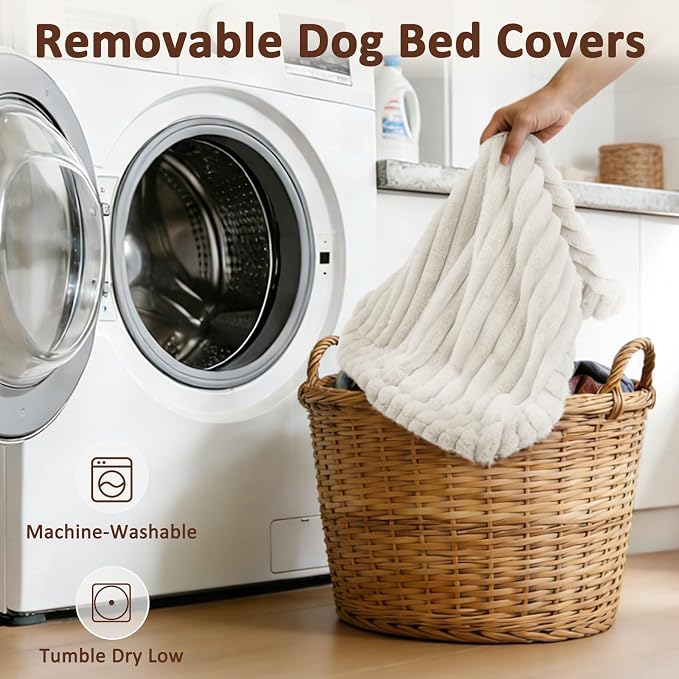 Dog Bed for Large Dogs, Orthopedic Dog Beds Washable with Removable Cover, Extra Thick Crate Bed Pet Mat with Shredded Chopped Foam & Anti-Slip Bottom, 35"x23"x4", Cream