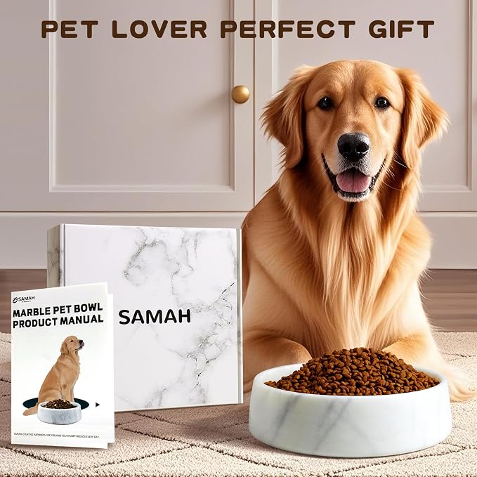 SAMAH White Marble Dog Bowl, Non-Slip Non-Tipping Heavy Dog Food Bowl, Large Weighted Stone Dish, Natural Marble Pet Water Bowl, Easy to Clean, Perfect Gift for Cat & Dog Lovers, Holds 6 Cups(6 lbs)