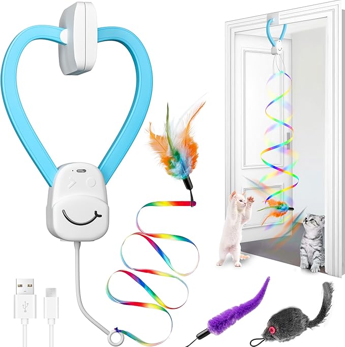 Smart Automatic Door Hanging Cat Toy for Indoor Cats - Electric Interactive Feather Wand, Mouse & Worm Set, 360° Rotating, Type-C Rechargeable, Quiet Self Play Enrichment for Bored Kittens