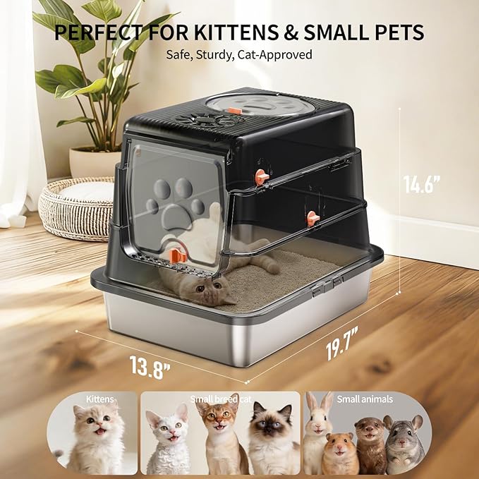 Stainless Steel Cat Litter Box with Lid, Small Enclosed Metal Litter Pan with High Sides, Full Flip Cover Litter Box for Kittens, Include Scoop & Step, Leak Proof Easy Clean Odor Control, Black