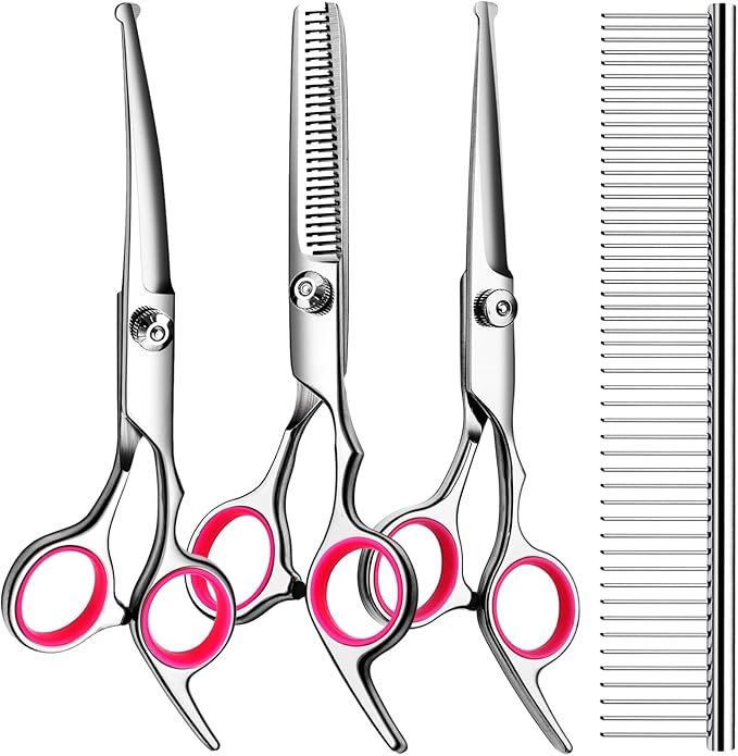 TINMARDA Dog Grooming Kit, Professional Stainless Steel Dog Grooming Scissors with Curved Shears, Pink Finger Rings - 4 Piece Sharp Durable Pet Shears for Dogs Cats At Home Salon-Quality Grooming