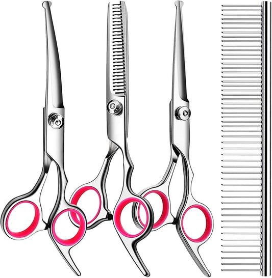 TINMARDA Dog Grooming Kit, Professional Stainless Steel Dog Grooming Scissors with Curved Shears, Pink Finger Rings - 4 Piece Sharp Durable Pet Shears for Dogs Cats At Home Salon-Quality Grooming