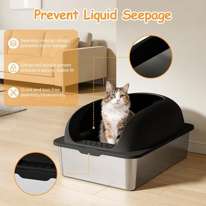 Extra Large Cat Litter Box with Lid, Stainless Steel Cat Litter Box with Scoop and Mat, High Walls for Anti-Urine Leakage, Easy Cleaning, Black