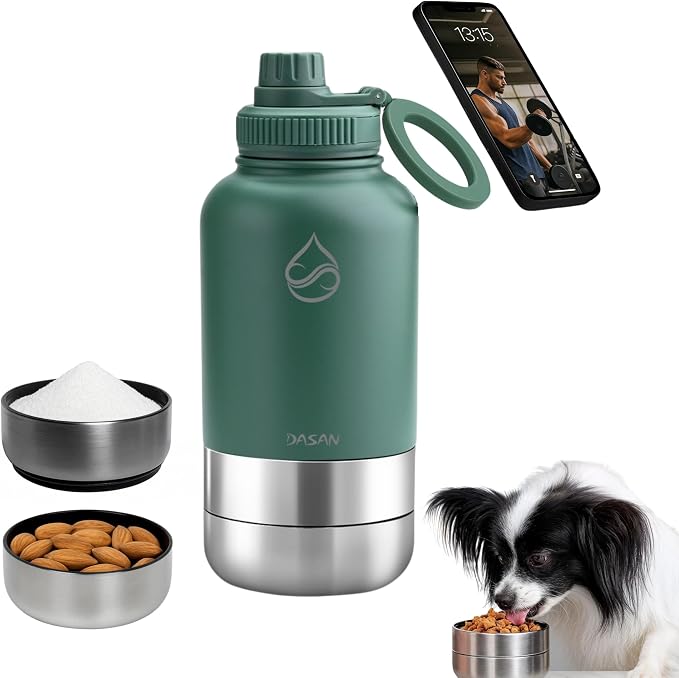 DASAN Portable Dog Water Bottle with Bowl - 32oz Insulated Stainless Steel, 3-in-1 Travel & Walking Pet Dispenser with 2 Food Containers for Hiking, Camping & Outdoor Adventures