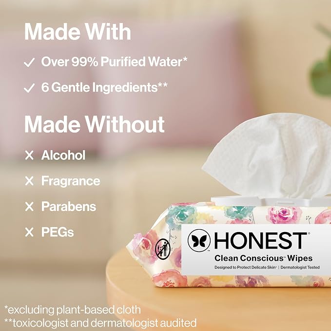 The Honest Company Hypoallergenic Multi-Use Baby Wipes for Sensitive Skin, Rose Blossom, 288 Count (Pack of 3)