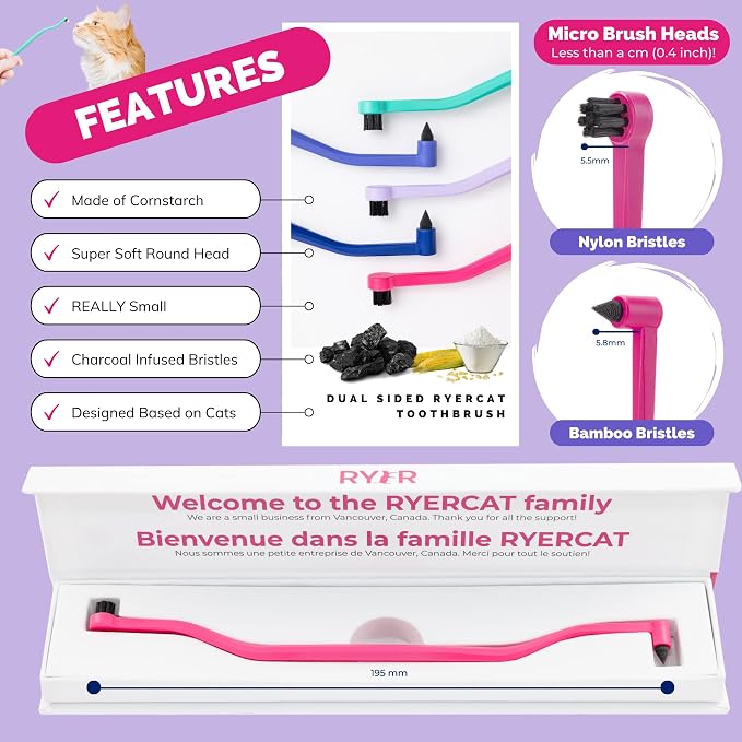 RYERCAT Flamingo Dual Sided Cat Toothbrush - Micro Head ToothBrush to fit into Cat's Mouth - Cat Dental Supplies