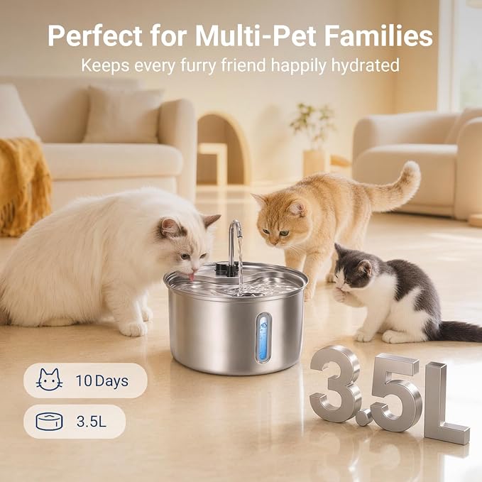 304 Stainless Steel Cat Water Fountain, 118oz/3.5L Cat Fountain with Ultra-Quiet Pump, Water Level Window, Smart Pump Protection, Automatic Cat Water Dispenser Includes 4 Replacement Filters