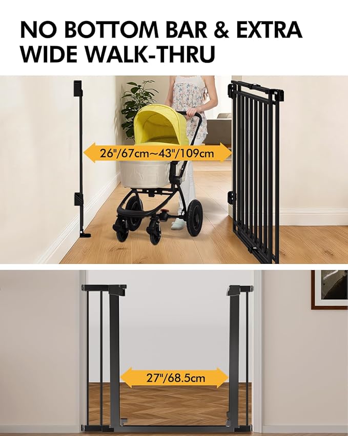 Extra Wide Baby Gate for Doorways 29" Tall Safety Gate for Kids&Pets,Pressure Mounted with Auto Close,Walk-Thru Metal Gate,Adjustable Width 26.4"-43",Indoor Pet Gate for Stairs & Hallways Black
