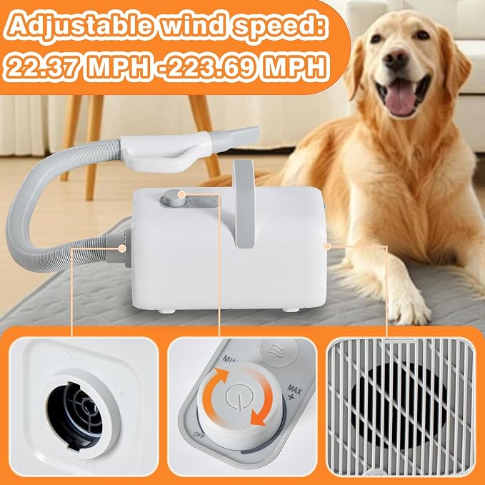 FansaFurn Professional 1550W High-Velocity Pet/Dog Grooming Dryer Blower - Adjustable Speed & Temperature with Heater & 4 Nozzle Attachments (White)