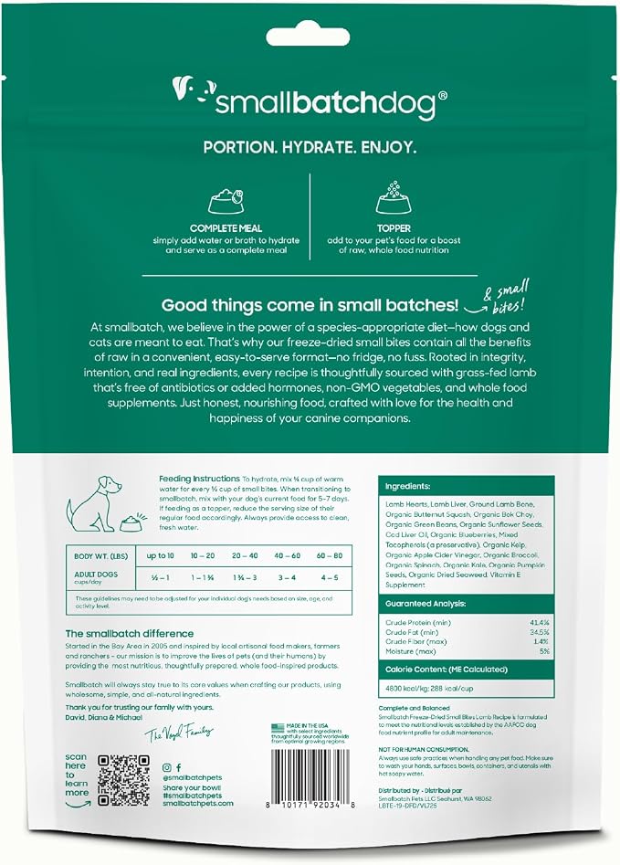 smallbatch Freeze Dried Dog Food – Lamb Recipe, Small Bites, Grain Free, Organic Produce – Grass Fed Lamb Hearts & Organs – High Protein Meal – Complete & Balanced Nutrition – 19 oz, Made in USA