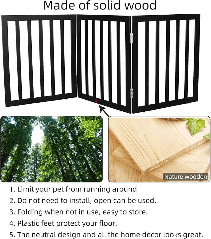 Dog Gate Indoor, Freestanding Dog Fence for The House, Doorways, Hallways,or Stairs,Pet Gate Foldable Wooden,Expandable 24" Height 3 Panels,Black