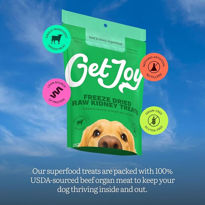 Get Joy Freeze Dried 100% Beef Kidney Dog Treats, 4oz | Single Ingredient Organ Meat, High Protein Raw Dog Food Topper, Snack & Training Rewards | Grain Free, Gluten Free, Filler Free