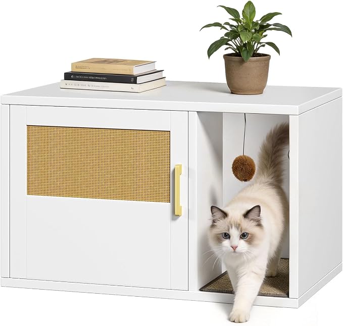 Cat Litter Box Enclosure, Hidden Litter Box Furniture with Door & Bell, Pet House Fit Most of Litter Box, White