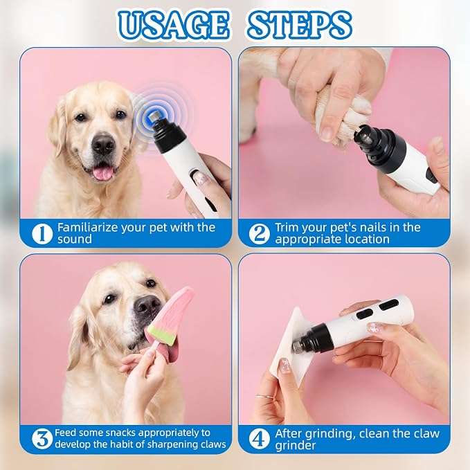 CRIVERY Upgraded Quiet Dog Nail Grinder, 2-Speed Rechargeable Pet Nail Grinders, Electric Painless Paw Grooming Smoothing Tool for Small/Medium/Large Dogs & Cats