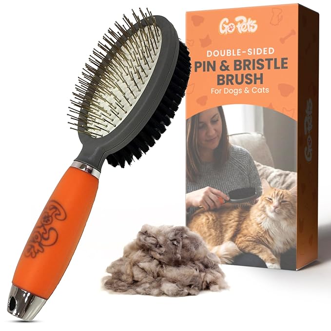 GoPets Double-Sided Pin & Bristle Brush – Grooming Tool for Dogs & Cats for Detangling, Shedding Control, Slicker Brush for Long-Haired Pets, Fur Removal for Healthy Coat, Ergonomic Handle