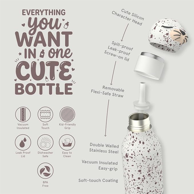 asobu Bestie Bottle Insulated Stainless Steel Water Bottle with Detachable Soft Animal Head Fun Drinking For Kids and Teens with Flexible Reusable Straw 16 Ounce (Seal White)