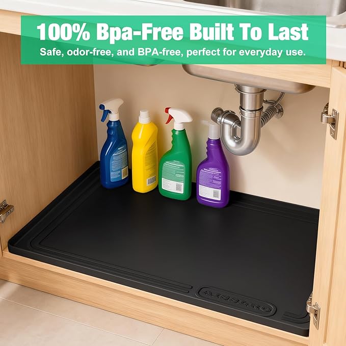 Aisslro Under Sink Mat 22" X 19", Waterproof Silicone Cabinet Organizer Protector with Raised Edge, Kitchen & Bathroom Leak Tray, Shelf Liner & Pet Feeding Mat for Dog Cat Food Mats, Black