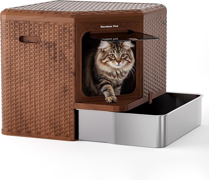 Gradner Pet Cat Litter Tray, Odour-Resistant Enclosed Cat Litter Box (Stainless Steel Little Box)