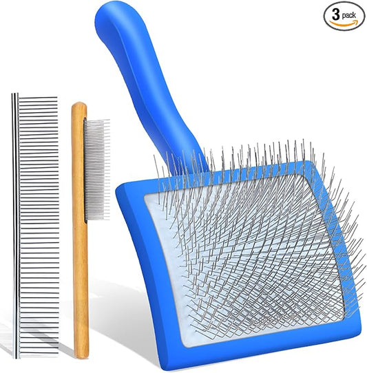 Large Slicker Brush for Dogs - 3-Piece Solid Wood Dog Grooming Kit for Doodles and Poodles - for Wavy, Curly & Matted Hair, Blue