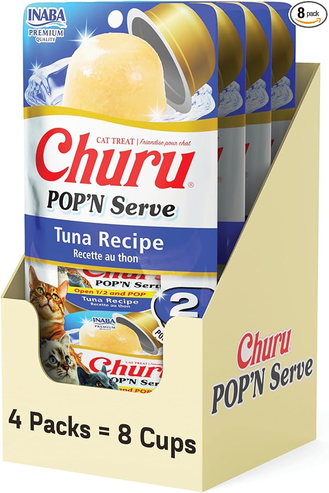 INABA Churu Pop'N Serve Jelly Cat Treat with Vitamin E & Taurine, 1.2 Ounce Cup, 8 Cups, Tuna Recipe