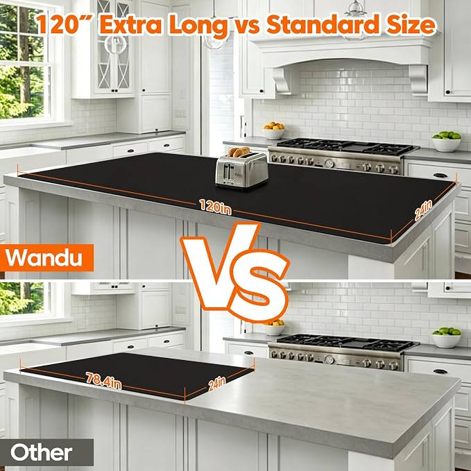 120" x 24" Extra Long Kitchen Island Protector, Silicone Countertop Mat for Large Islands, Heat Resistant Waterproof Countertop Protection, Food Safe Non-Slip Silicone Surface, Black