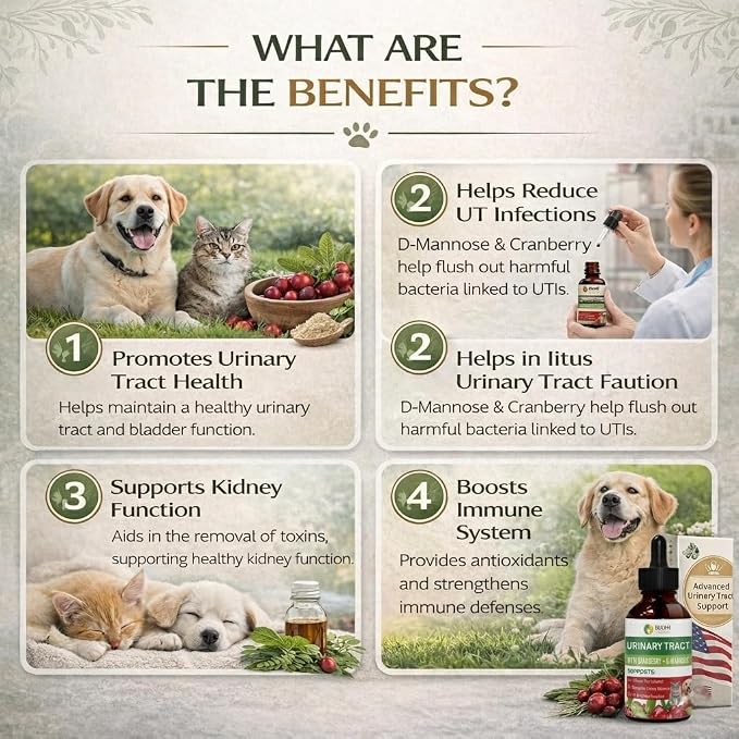 Herbal Urinary Tract Drops for Pets - 60ml Urinary Tract Support with Glucosamine & Natural Herbs, UTI Relief & Bladder Health Supplement for Dogs & Cats, Easy-to-Use Liquid Drops (2Oz)