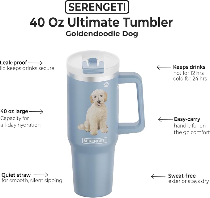 SERENGETI 40 Oz Ultimate Tumbler with Handle and Straw - Vacuum Insulated Tumbler with Straw and Lid - Stainless Steel Travel Mug for Pet Lovers - 3D Designs of your favorite Dog (Goldendoodle)
