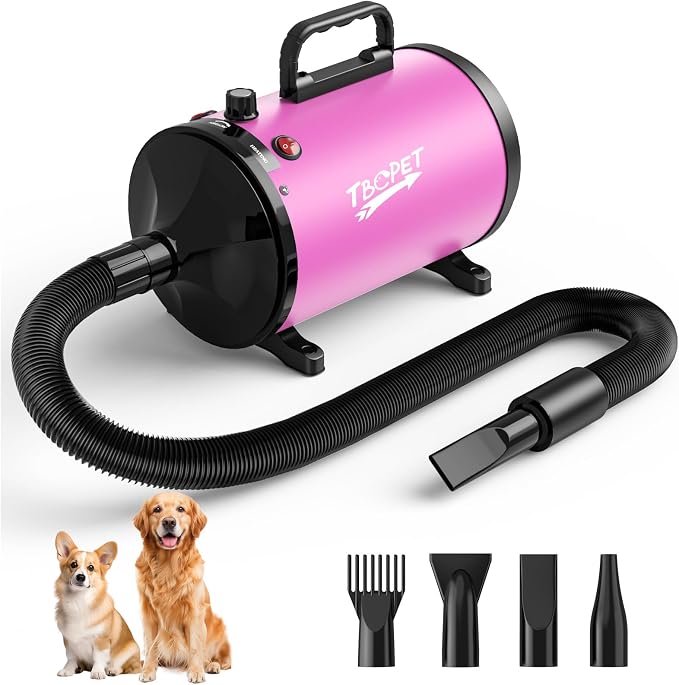 Dog Dryer High Velocity Dog Hair Dryer 5.2HP/3800W, Stepless Adjustable Speed Temperature Dogs Grooming Blow Dryer, Pet Dryer with 4 Nozzles,Blow Dryer for Dogs, Pink