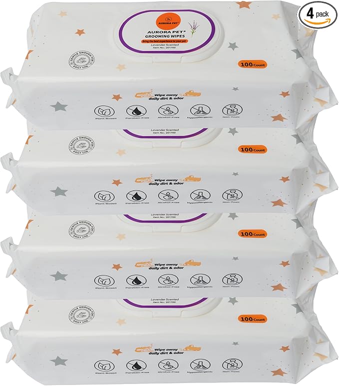 Aurora Pet Grooming Wipes – 400 Extra-Large Wipes for Dogs & Cats | Plant-Based, Hypoallergenic & All-Natural | Alcohol, Paraben & Sulfate-Free | Lavender Scent