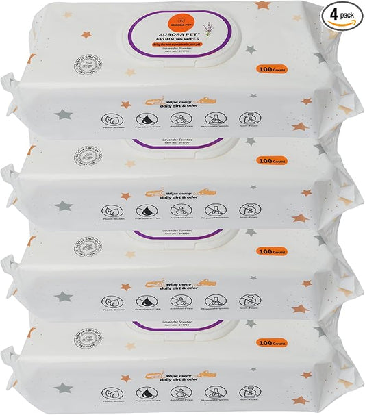 Aurora Pet Grooming Wipes – 400 Extra-Large Wipes for Dogs & Cats | Plant-Based, Hypoallergenic & All-Natural | Alcohol, Paraben & Sulfate-Free | Lavender Scent