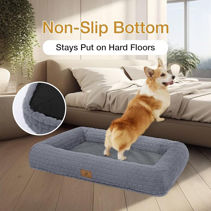 Plush Orthopedic Dog Bed for Medium Large Dogs, Memory Foam Bolster Sofa Bed with Removable Washable Cover, Waterproof Lining & Non-Slip Bottom (Grey-L)