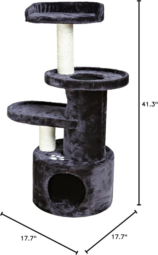 TRIXIE Pet Products Oviedo Cat Tree, Dark Gray, 3 levels (43847) | 3-Level Cat Tower, Sisal Scratching Posts, Plush-Lined Condo, Play Tunnel, Two Platforms, Padded Perch Bed