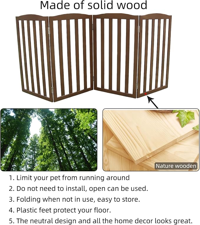 Freestanding Dog Gate Indoor,Doggie Gate Foldable Pet Gates for Doorways,Stairs or Hallways, Wooden Brown Pet Gate for the House, Pet Fence,32 "Height-4 Panels
