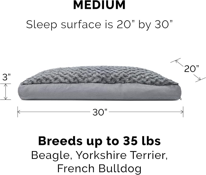 Furhaven Pillow Dog Bed for Medium/Small Dogs w/ Removable Washable Cover - Ultra Plush Faux Fur & Suede Mattress - Gray, Medium