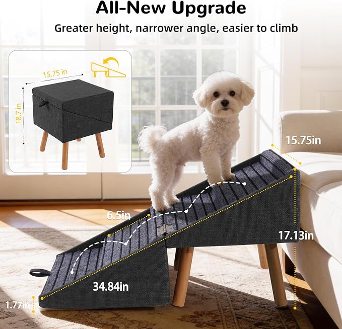 Dog Stairs for Small Dogs 17" H 2-in-1 Foldable | Wooden dog stairs for couch 2-in-1 ottoman steps Non-slip walking surface for puppy senior injured dogs Compact space-saving