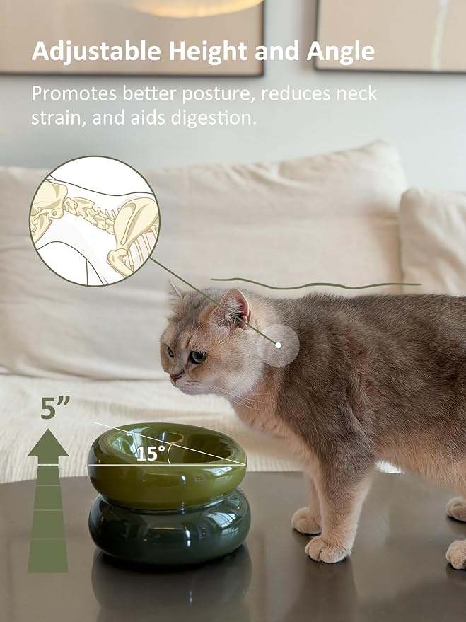 Elevated Cat Water Bowls Raised Small Ceramic Dog Bowl,Non-Slip Tilted Cat Food Bowl Whisker Friendly-Green