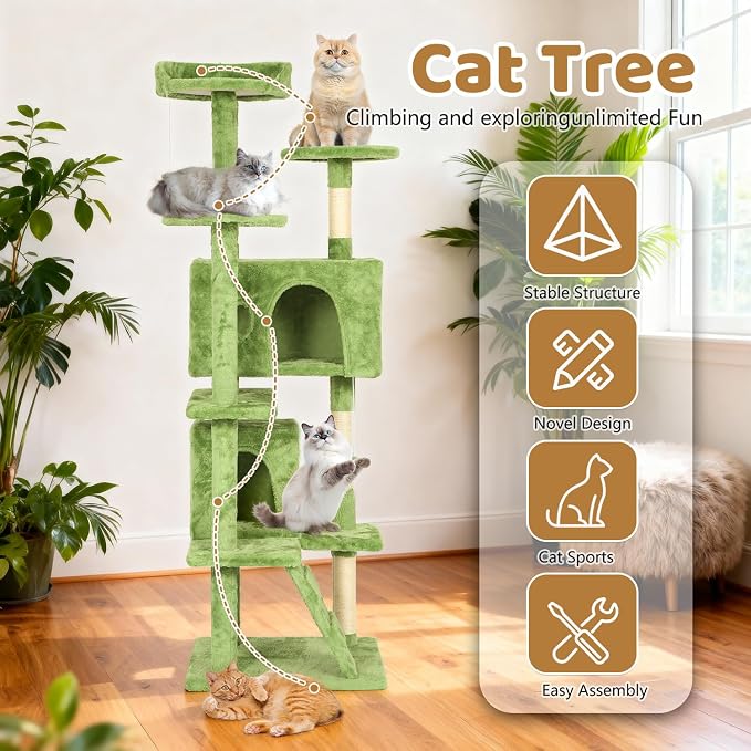 BestOffice 70 Inch Cat Tree, Multi-Level Cat Tower with Condo, Perches, Sisal Scratching Posts, Climbing Ladder,Indoor Activity Center Play House for Kittens & Adult Cats, Green
