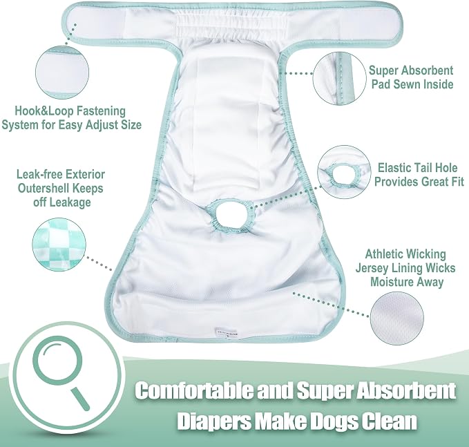 wegreeco Washable Female Dog Diapers Highly Absorbent Reusable Diapers for Dog in Heat Period Diapers, 3 Pack (Checkerboard Green, Black, Coffee, Large)
