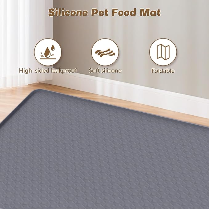 Cat Food Mat, 51" x 25.6" Pet Feeding Mat Extra Large Silicone Cat Litter Mat with Raised Edge Pet Placemat for Food and Water Bowl Non-Slip, Easy to Clean, Floor Protection (Dark Grey)