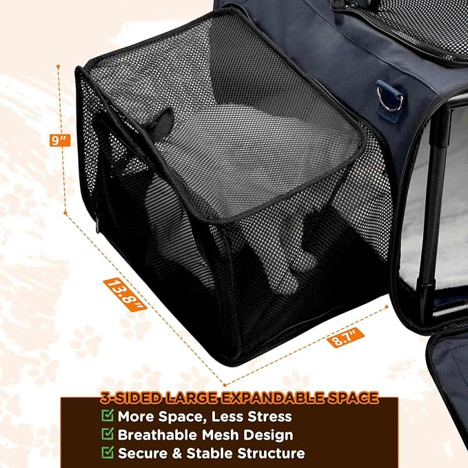 3-Sided Expandable Pet Cat Carrier with Wheels & Hammock, 24-Inch Soft-Sided Portable Rolling Pet Carrier for Large Cats, Medium & Small Dogs, Detachable for Travel, Camping, Outdoor Walks