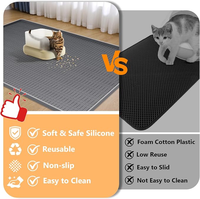 Silicone Cat Litter Mat, 47" x 35" Extra Large Litter Trapping Mat for Litter Box, Leak-Proof, Non-Slip, Kitty Litter Mats with Soft Texture for Floor, Keeping The Floor Clean (Dark Grey)