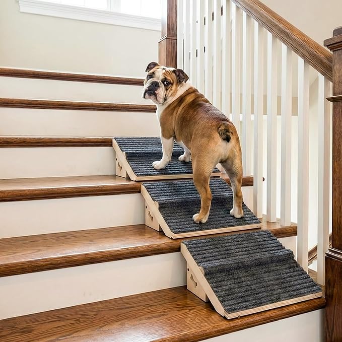 3 Pack Wooden Dog Ramp for Stairs,13L*9W*5H''+26°Slope,Fit for Stair 9-11D''5-7''H,Friendly to Short-Legged/Small/Injured/Aged Dogs with High Support,with Anti-Slip Pads for Climbing Safely