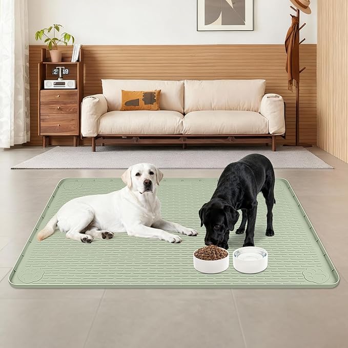 Dog Food Mat, 40" x 28" Large Silicone Mat Dog Feeding Mat with Raised Edge Non-Slip Pet Feeding Mat for Food and Water Bowl, Easy to Clean, Floor Protection (Green)